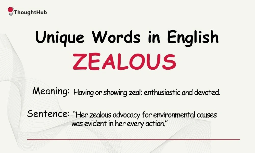 Zealous: Showing great enthusiasm or passion, unique English word.